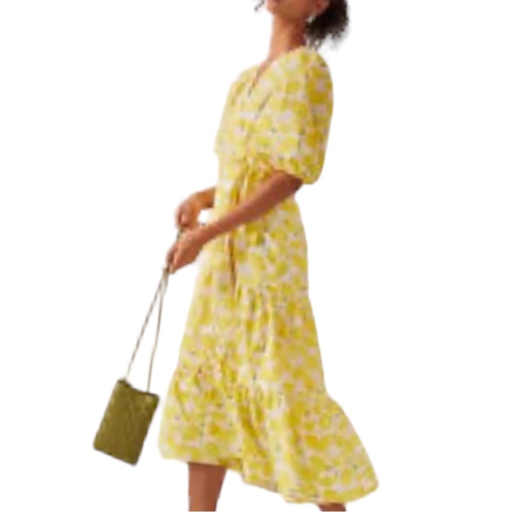 New Hutch x Anthropologie V-Neck Tiered Lemon Wrap XS Yellow White V-Neck Midi